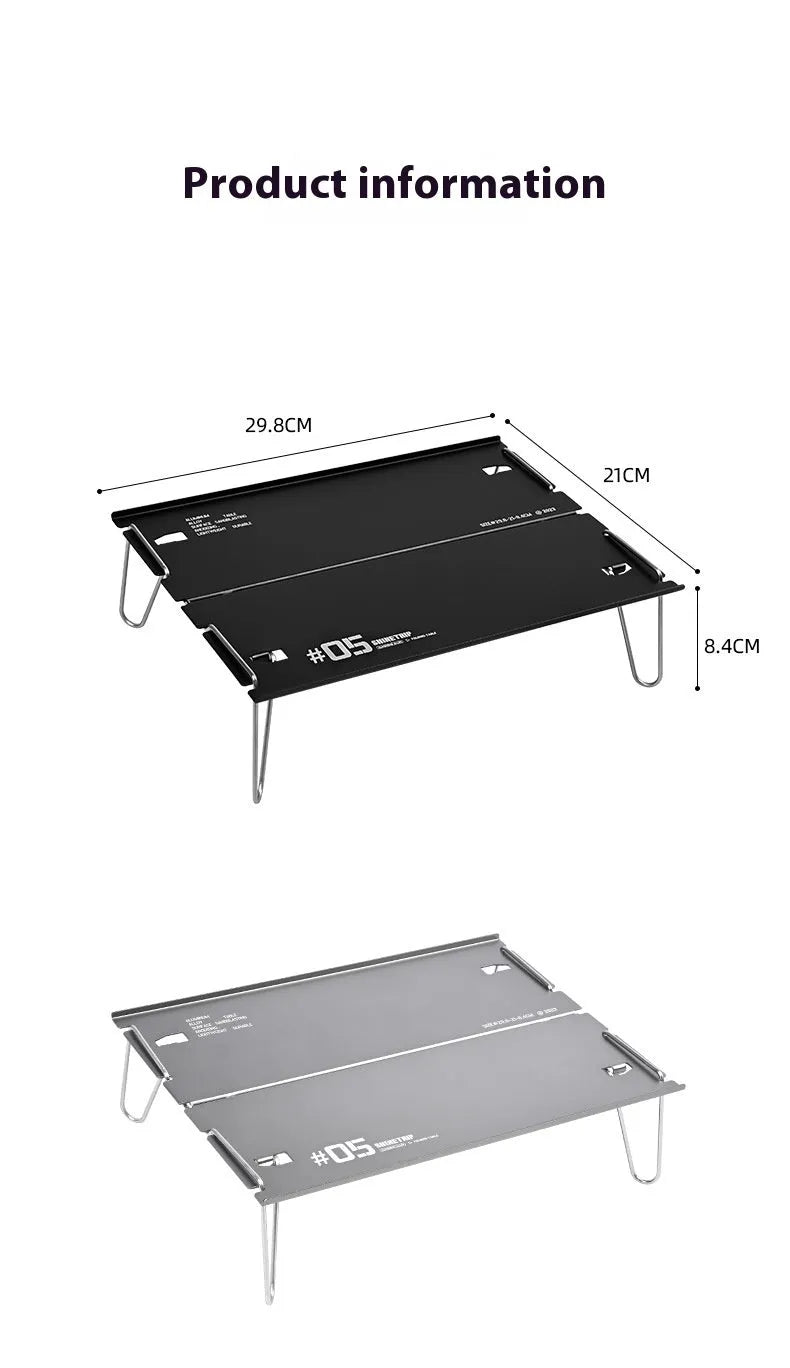 Aluminium alloy camping folding table shown in a folded position, available in black or grey colour.