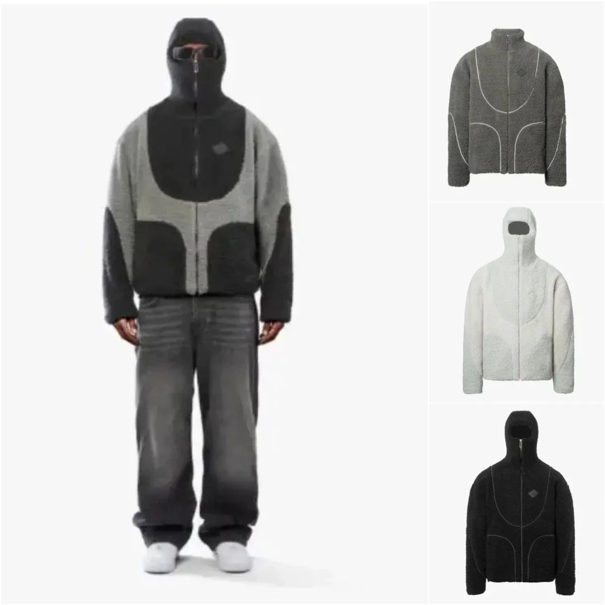 Men's hooded fleece jacket in a stylish patchwork design, available in various colors and sizes