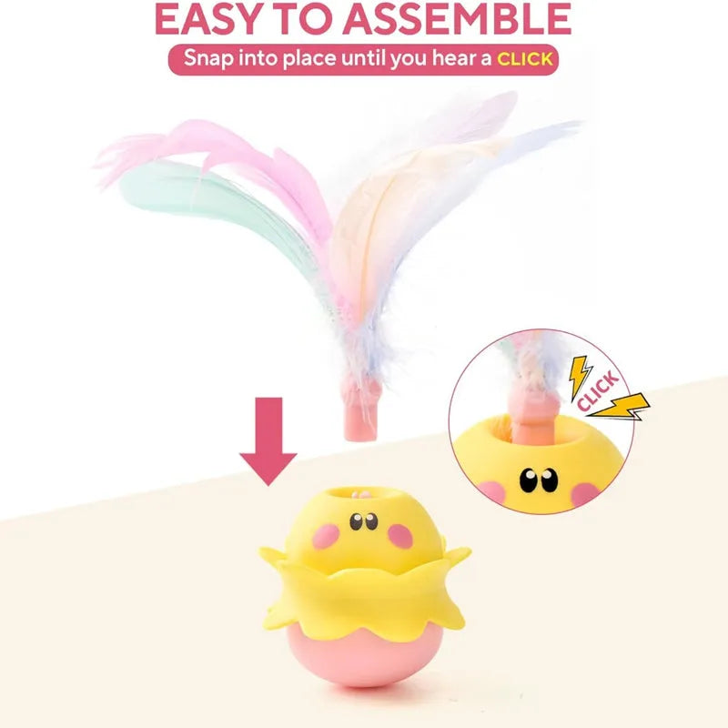 Pink interactive automatic cat feather toy with LED lights, chirping sound, and 360° rotation for indoor cats.