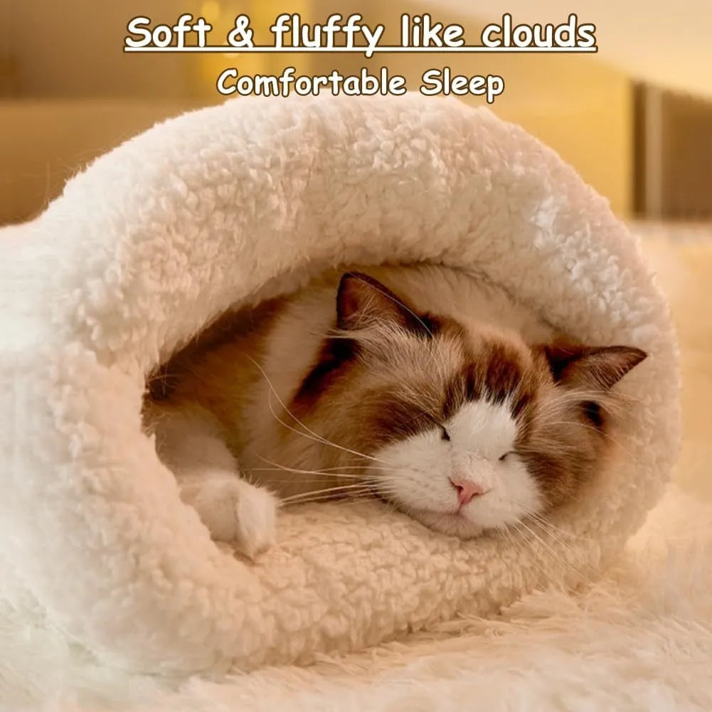 Plush cat sleeping bag in Blue, M size 44 x 37 cm, semi-enclosed cat bed cave for indoor cats and kittens