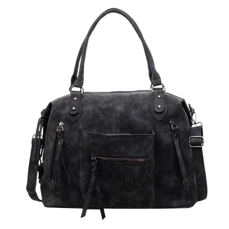 Retro textured women's large-capacity messenger bag in black with stitching detail, 36x25x13cm PU crossbody bag.