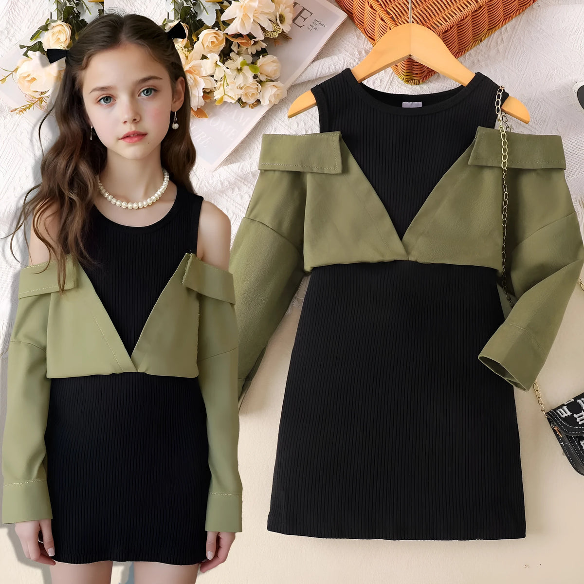 Children's off-shoulder long sleeve dress in military green, cotton pullover, sizes 4Y-7Y