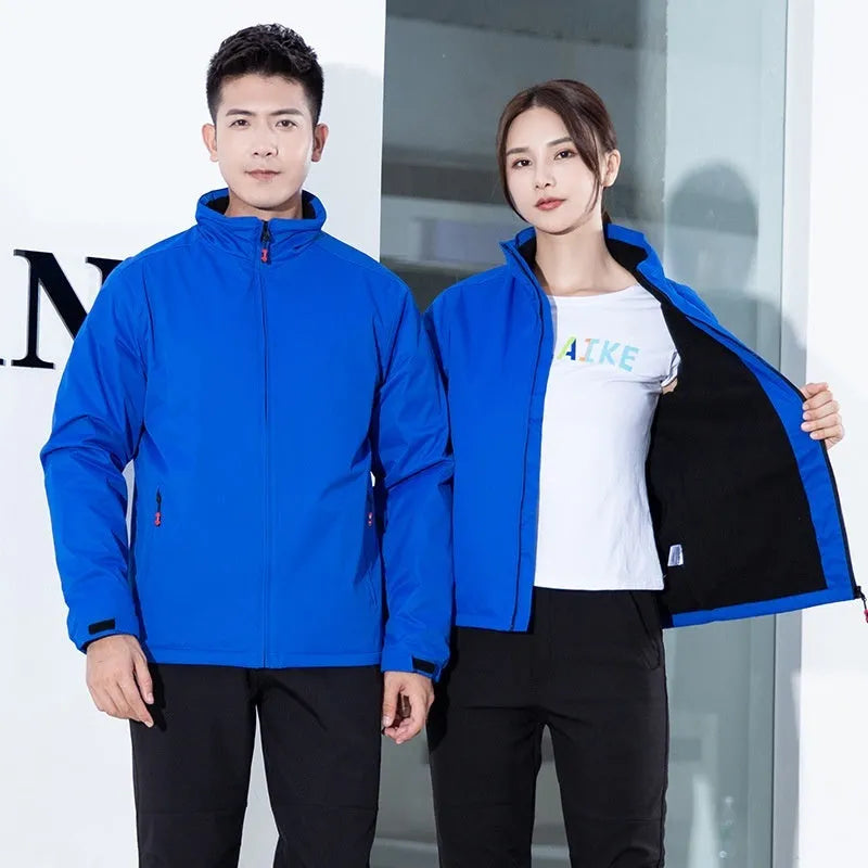 Integrated shell jacket with 250g polar fleece lining, windproof polyester outer in royal blue, black, dark blue or red