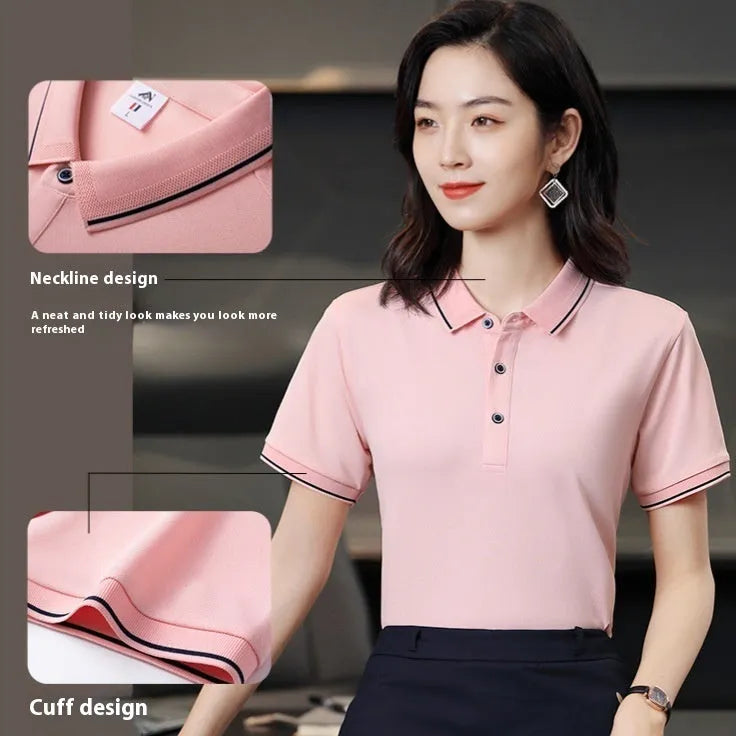 Short-sleeved asymmetric polo shirt for beauticians in pea green, shown on a hanger.
