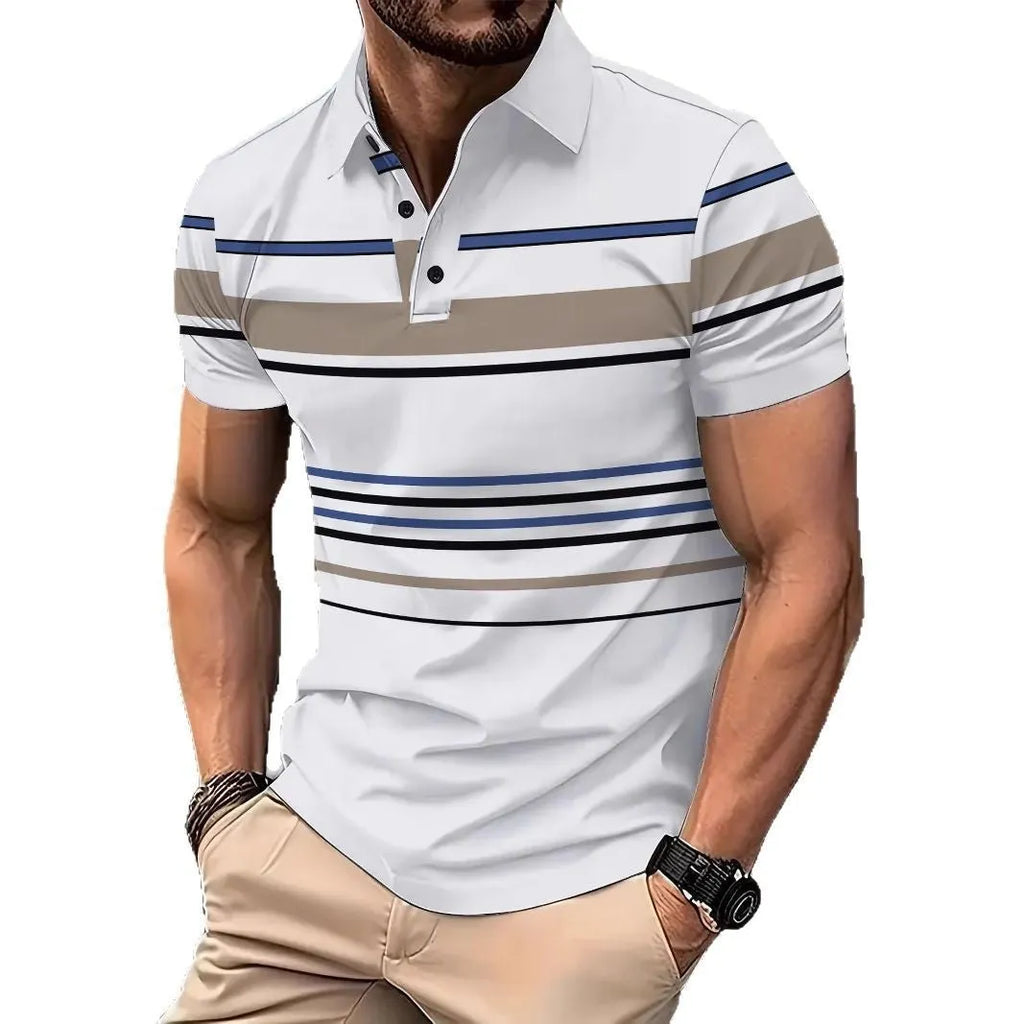 Men's white striped polyester short sleeve t-shirt for summer business casual wear