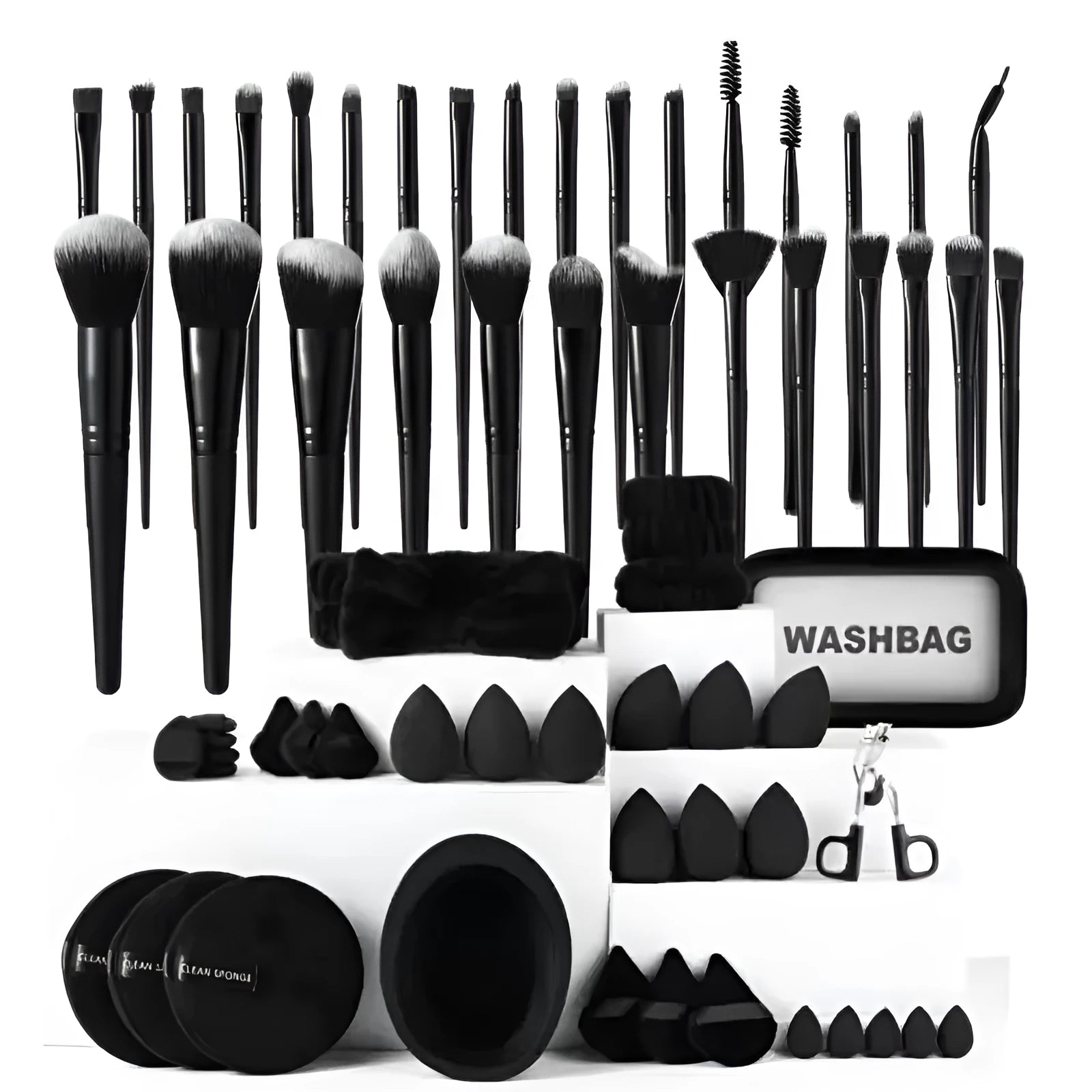 33 piece black makeup brush set with eye shadow brush and black brush bag on surface
