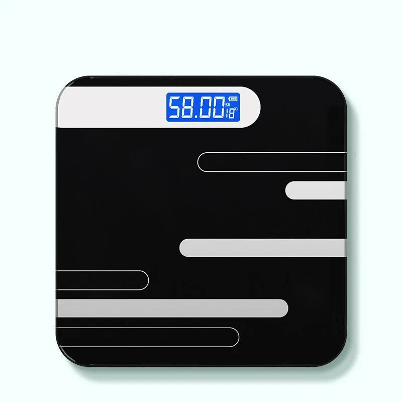 Electronic body weight scale with digital display in black, rose red or white finish.