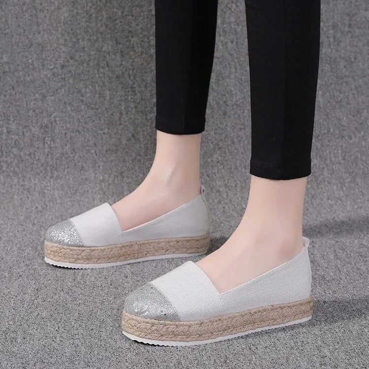 Plus size canvas oversleeve flat shoes in breathable cloth material showing round toe design
