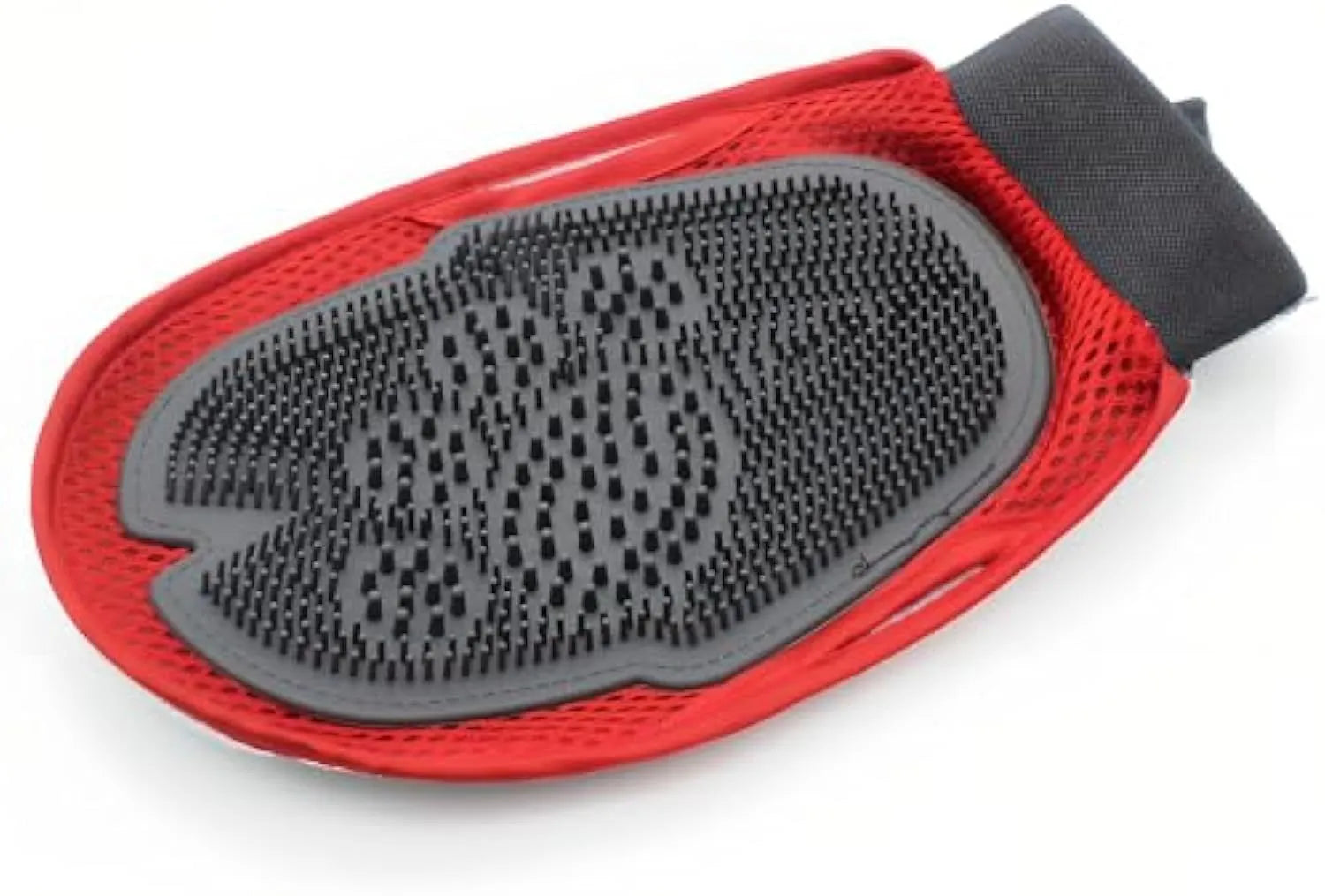Red pet bathing glove with rubber brush surface for grooming and massage functions