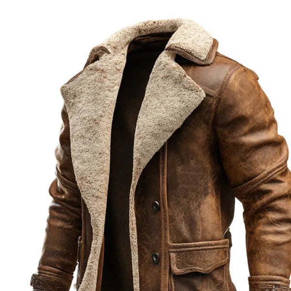 Men's retro brown suede long coat jacket with arctic fleece lining laid flat