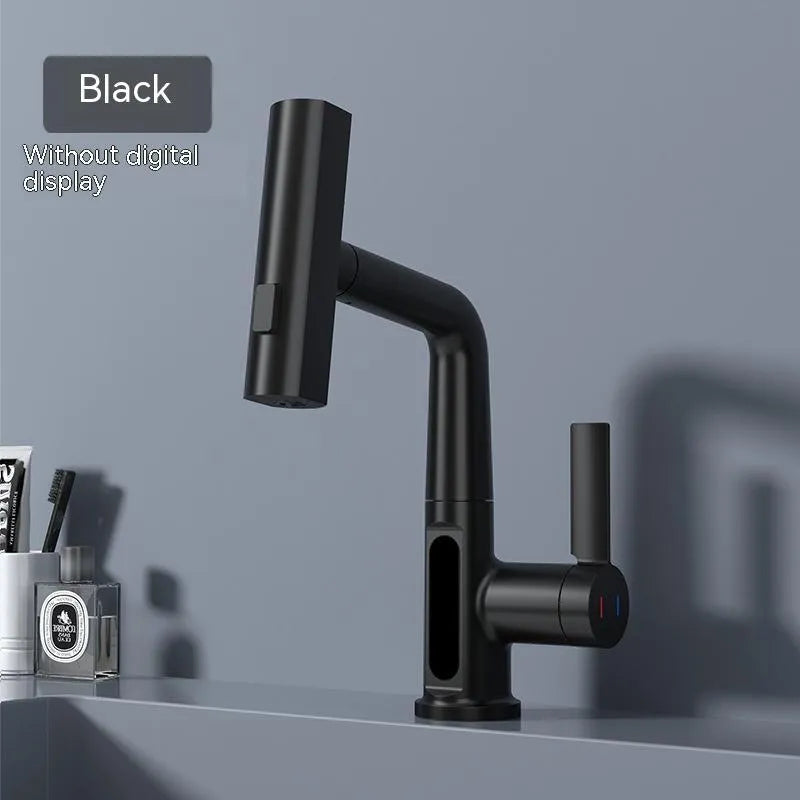 Digital display kitchen tap with pull-out spray hose showing temperature readout