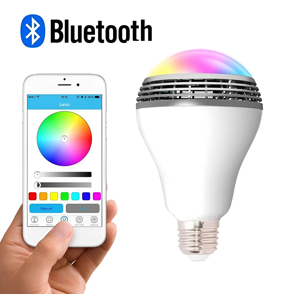 Creative Home E27 smart LED bulb with integrated Bluetooth speaker, showing RGB colour changing ability.
