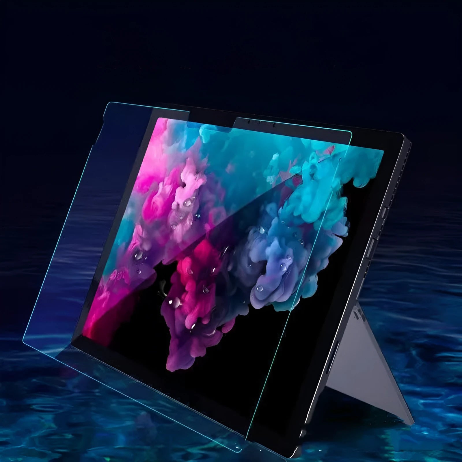 Tempered glass screen protector for Microsoft Surface tablet with straight edge.