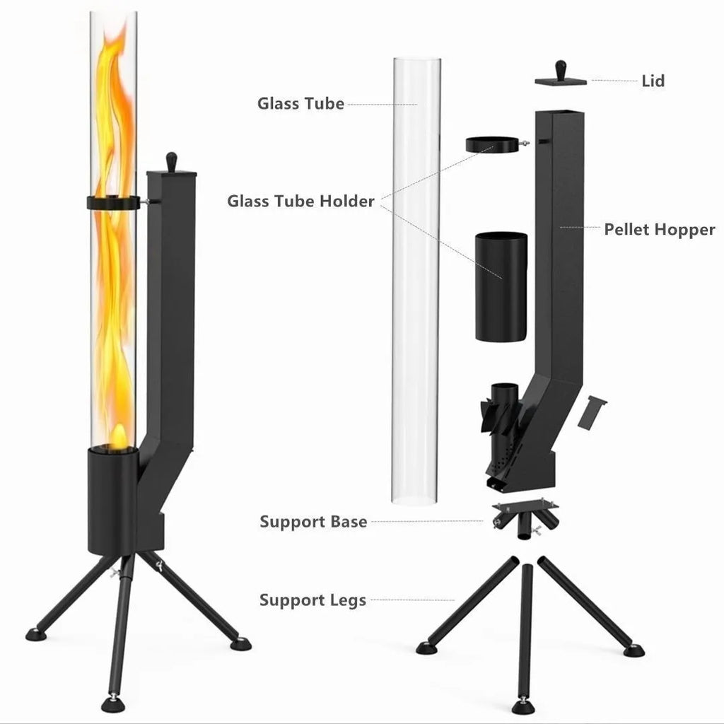 Vertical iron wood burning rocket furnace heating stove with decorative design