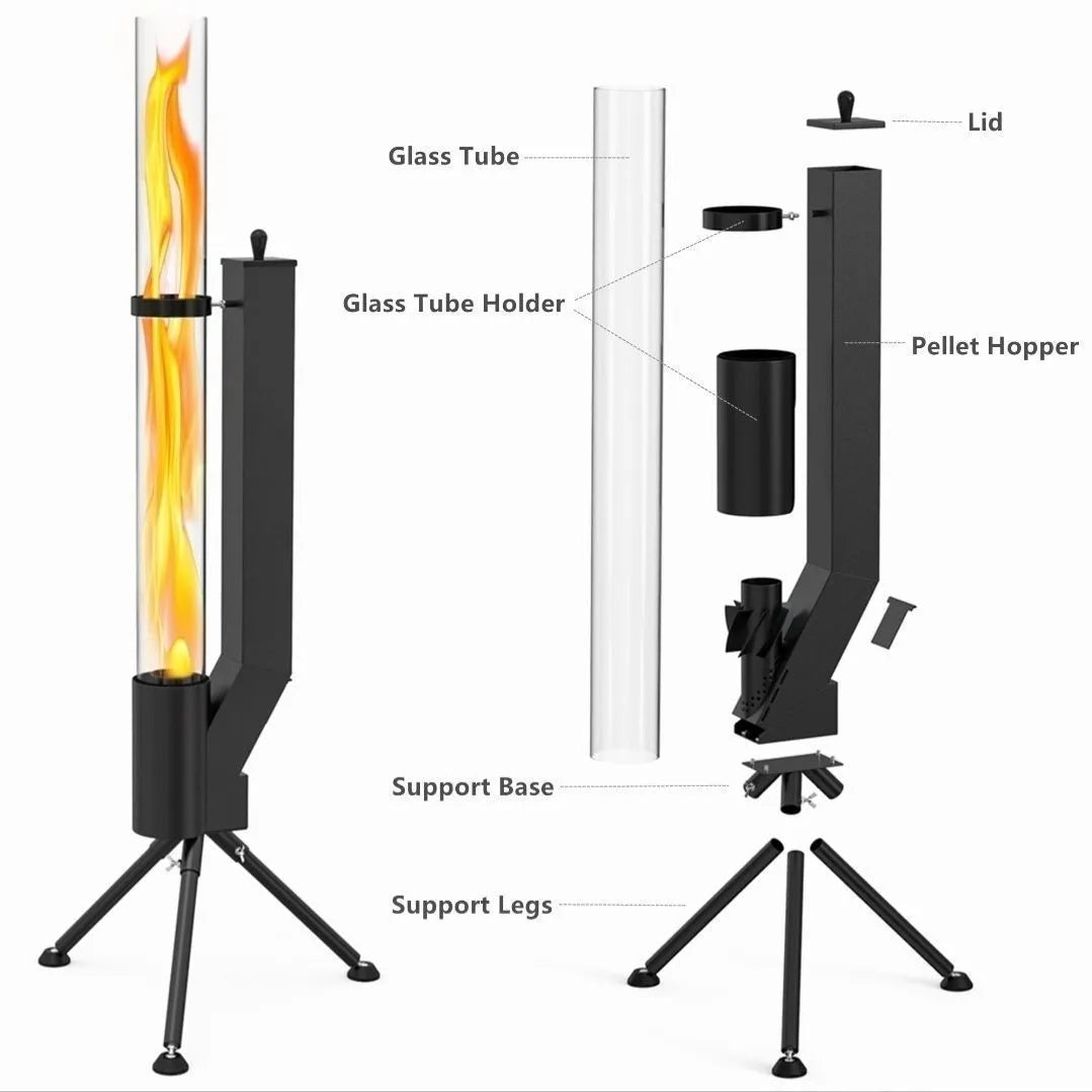 Vertical iron wood burning rocket furnace heating stove with decorative design