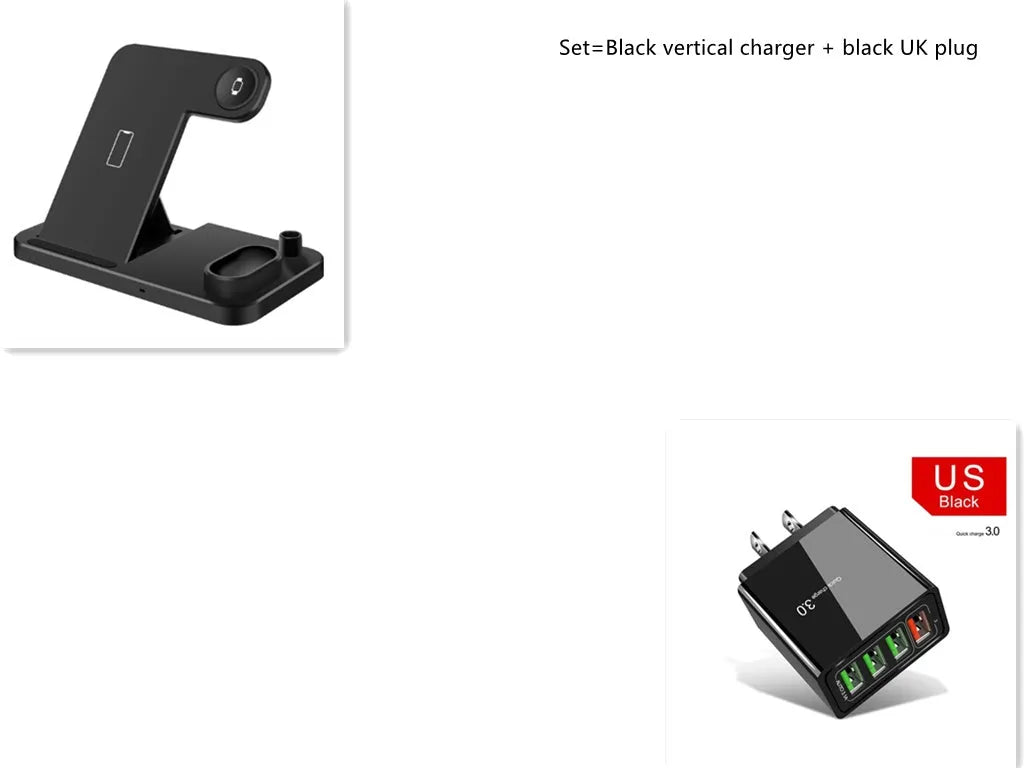 Black 4-in-1 wireless charging station with phone on adjustable stand, charging Apple Watch, AirPods, and Apple Pencil.