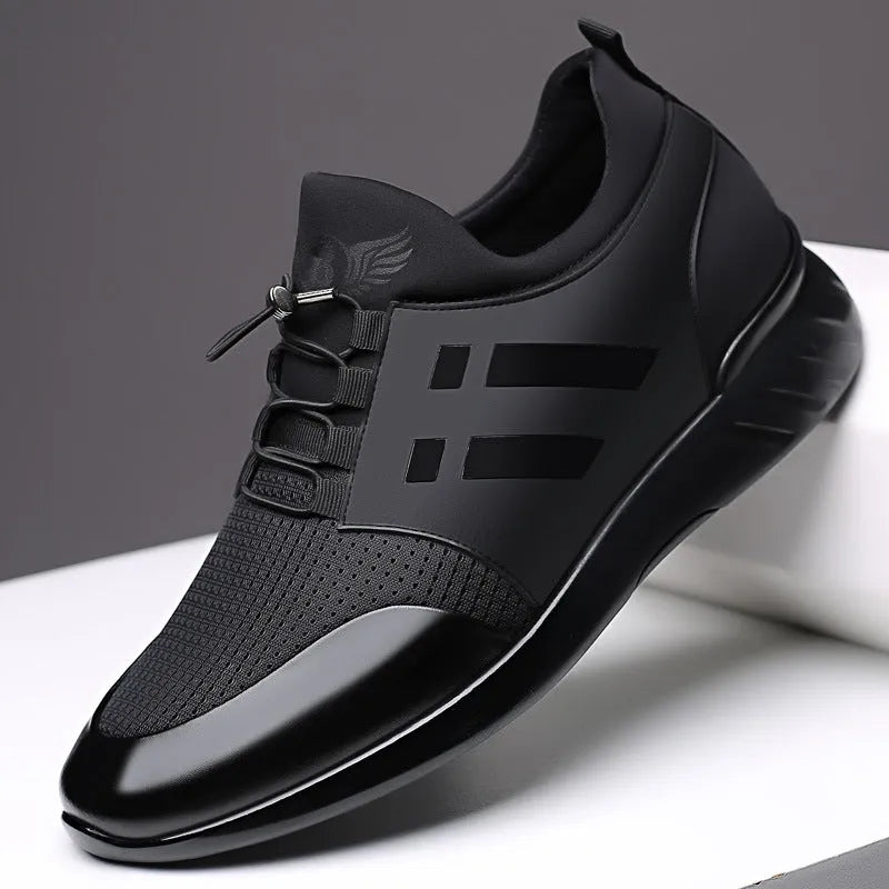 Men's black casual shoes with a hidden heel lift, shown in leather, mesh, and Lycra upper options.