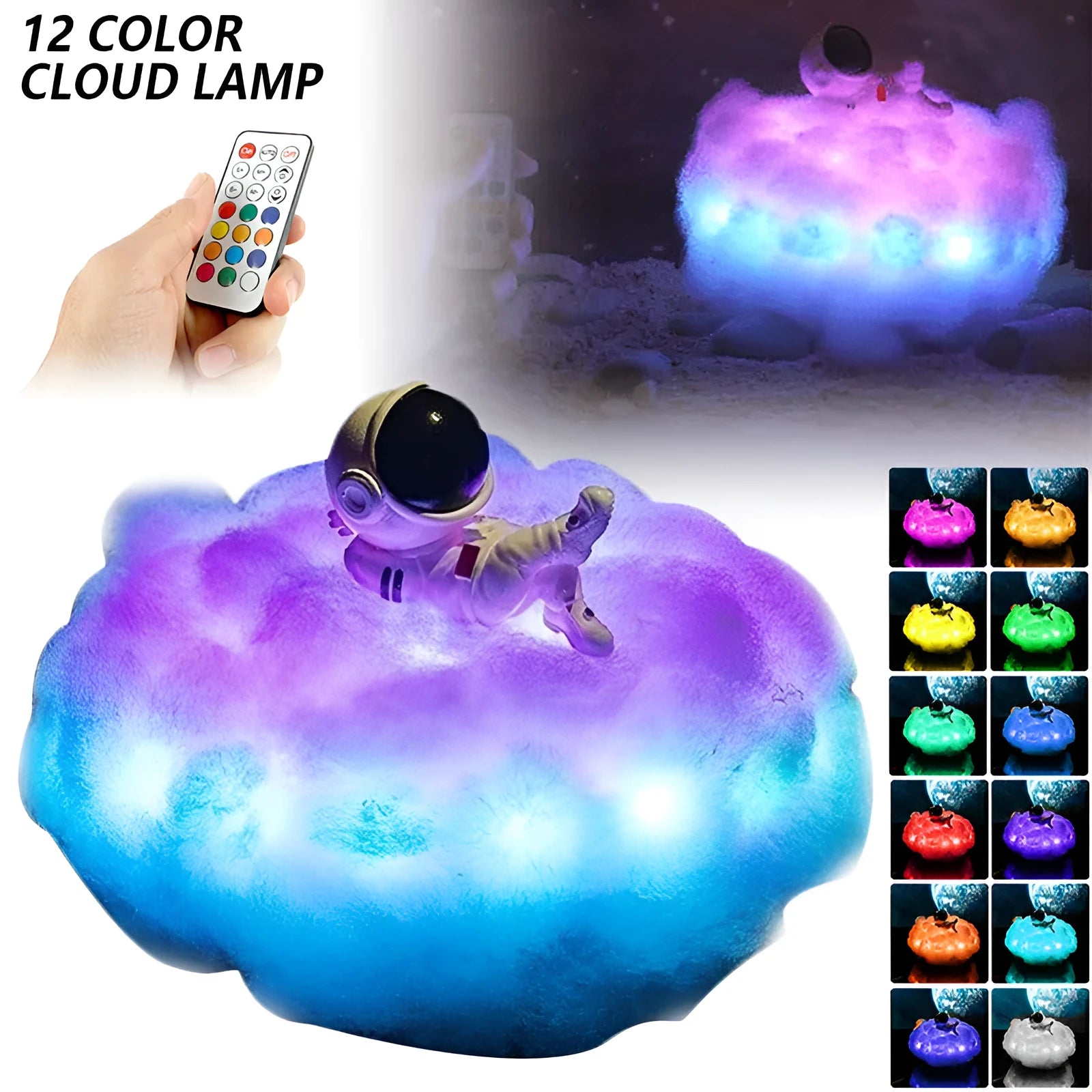 LED astronaut cloud night light with rainbow colours, wooden stand, 15x20cm size
