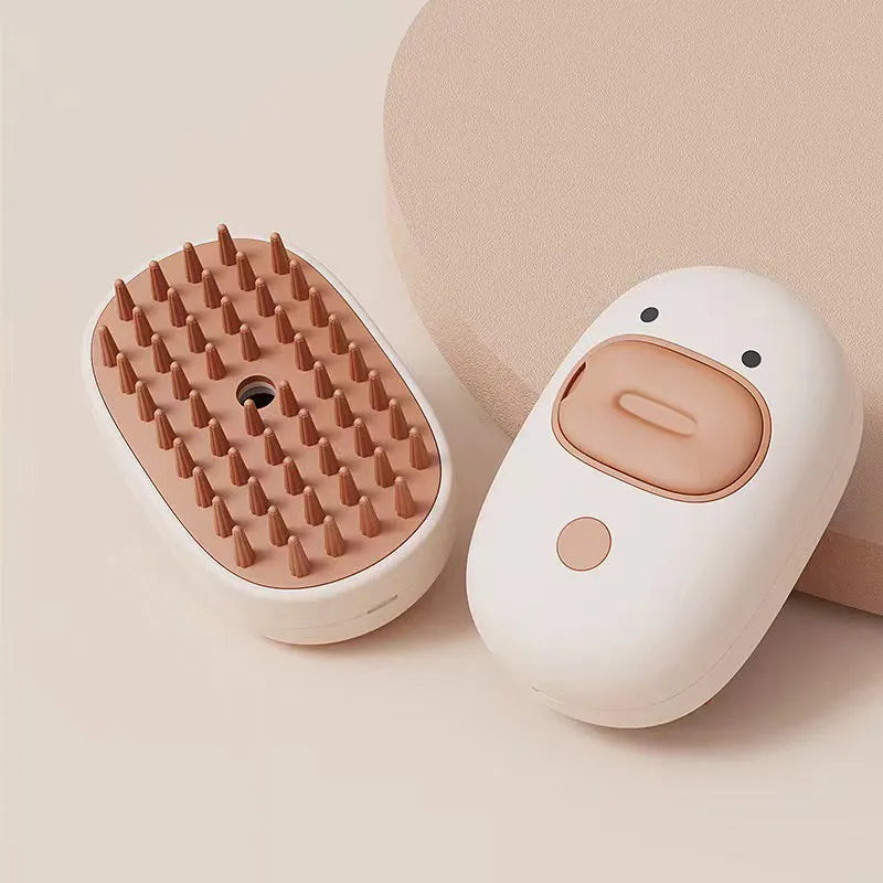 White rechargeable steam brush for cats and dogs with silicone grooming teeth and water tank