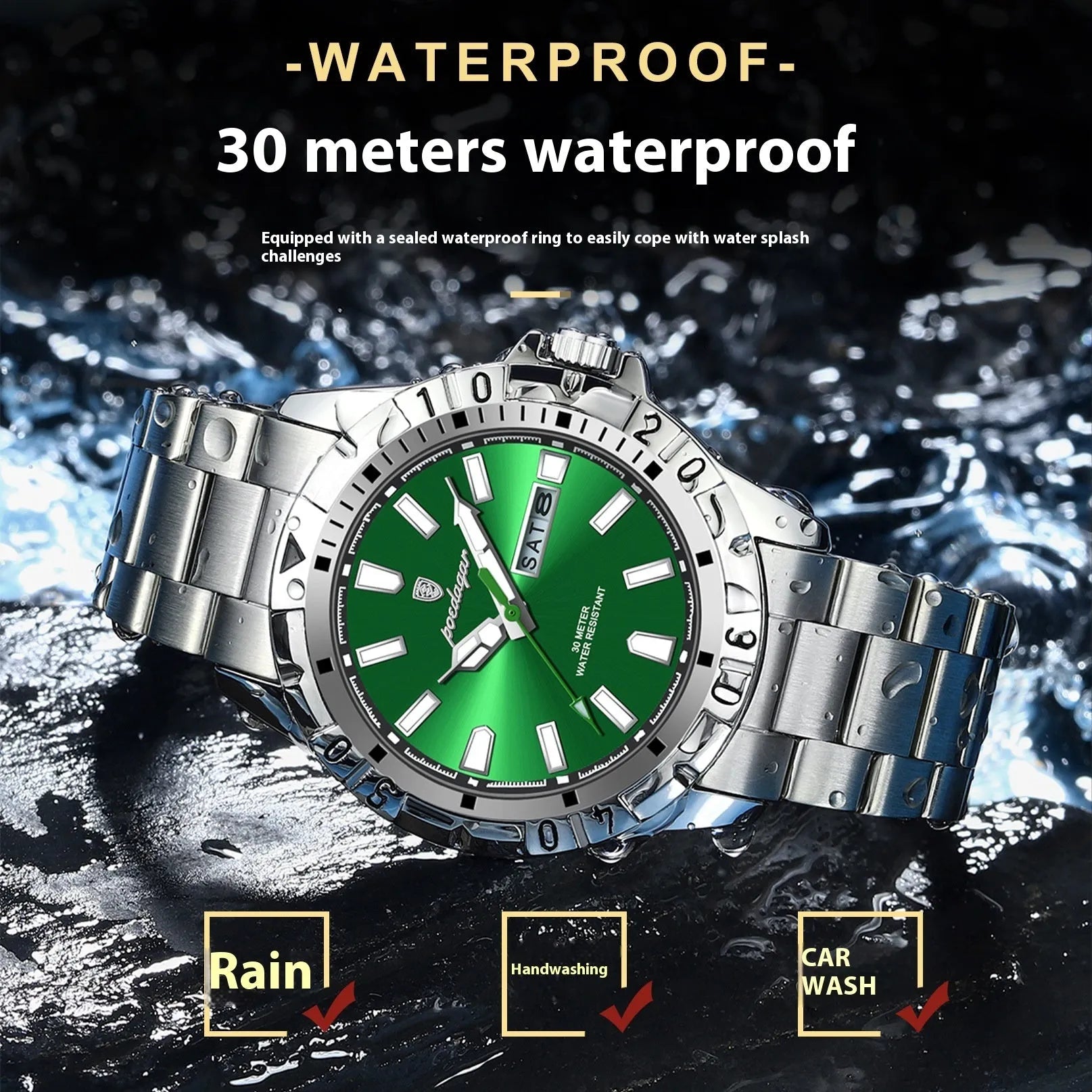 Swiss men's slim 6mm thick luminous waterproof watch in silver and gold colour options on a steel bracelet.