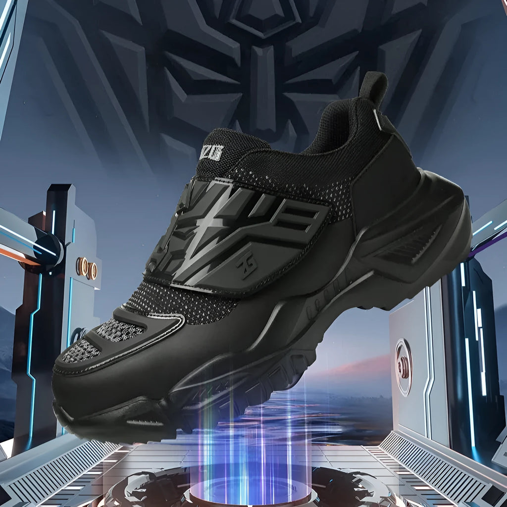 Black safety work shoe with steel toe cap, felt buckle, and anti-puncture sole for industrial use.
