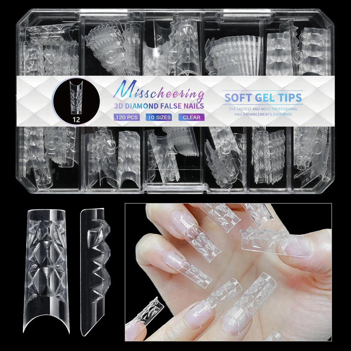 Set of 3D diamond texture long artificial nail tips in various colours from Diamond Nail collections.