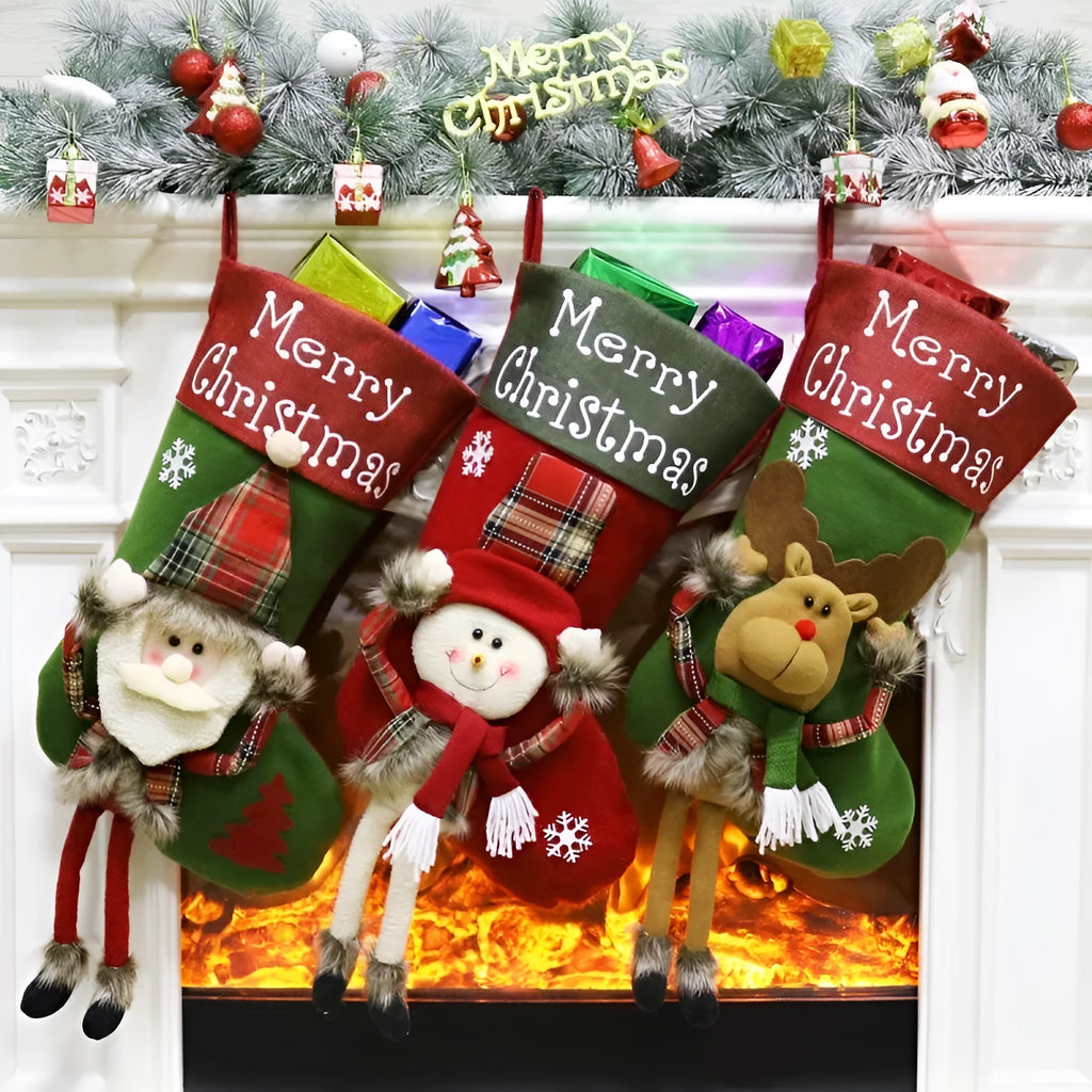 Three large Christmas stockings with Santa, Snowman and Reindeer designs hanging from a mantelpiece