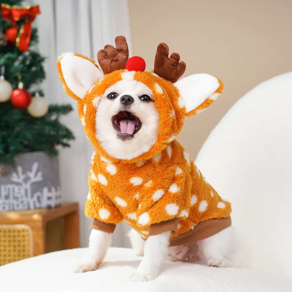 Elk reindeer costume for dog or cat with fleece lining, showing two-leg design and festive appearance