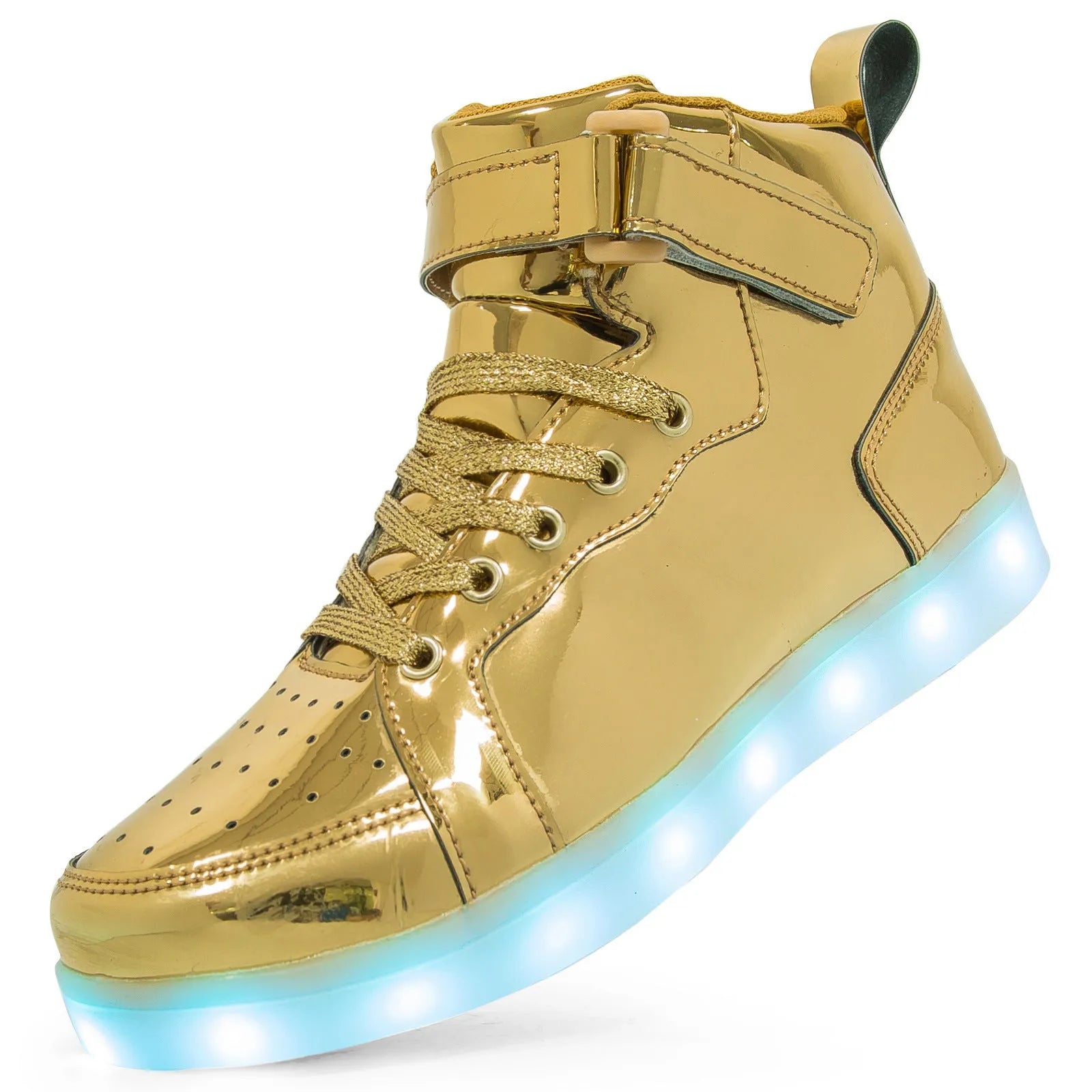 LED light up high-top sneakers in multiple colours on a dark background, showing Velcro strap and illuminated soles.