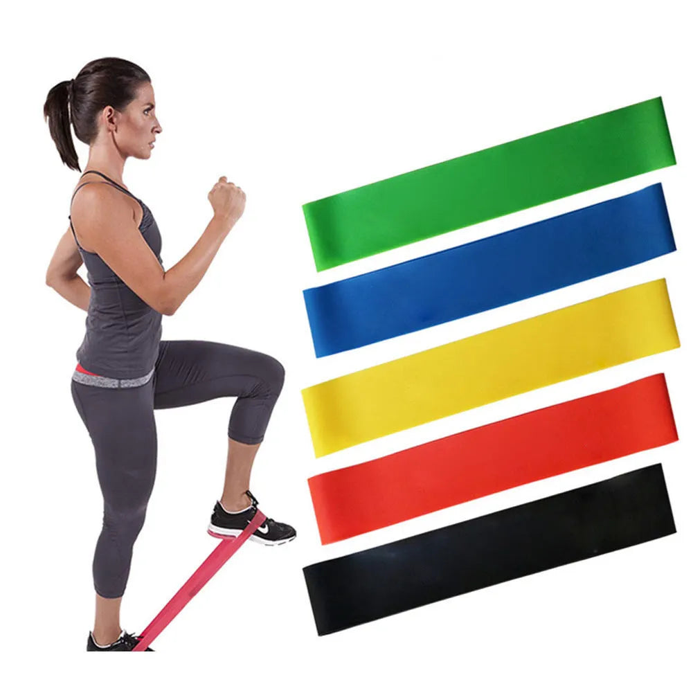 Five TPE resistance bands set for legs and butt exercise with cloth bag and manual, colour options.