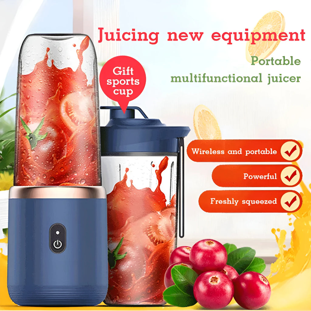 Portable USB blender and juicer in Tunisian dark blue with six blades, a cup lid, and a USB cable.