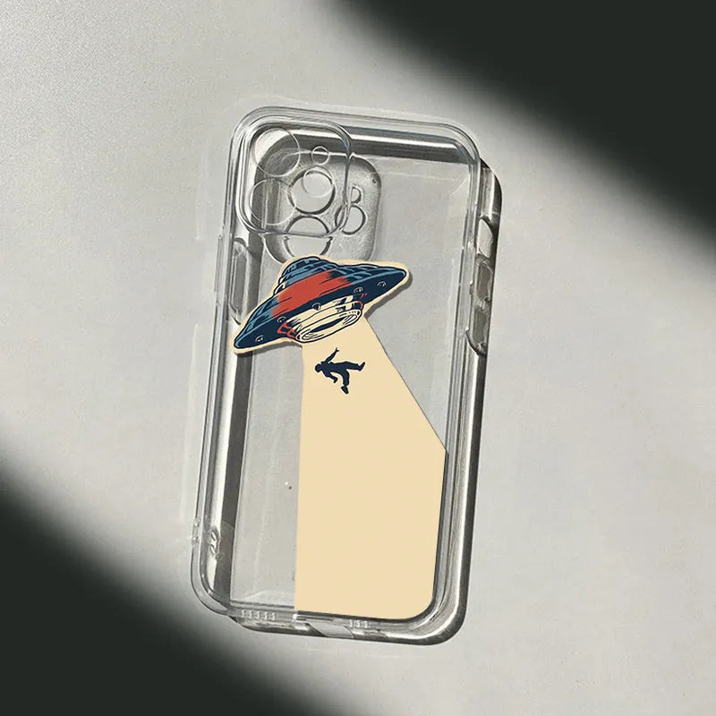UFO astronaut transparent TPU phone case for iPhone, soft protective cover with astronaut graphic