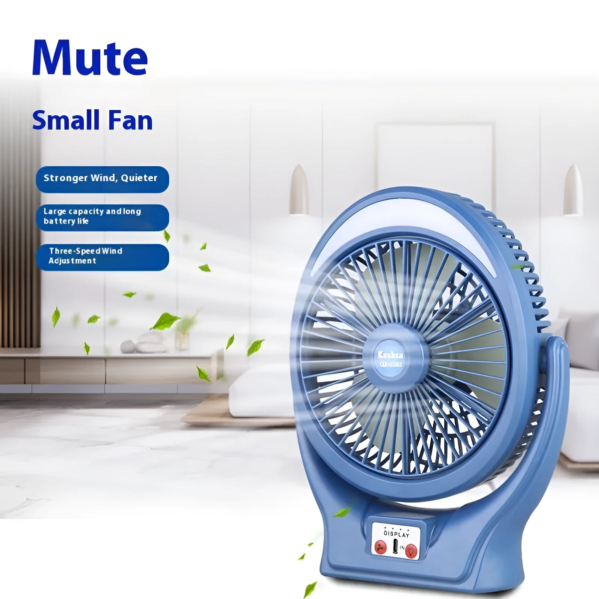 Outdoor USB charging silent desktop fan in emerald or ivory white with USB cable and button control