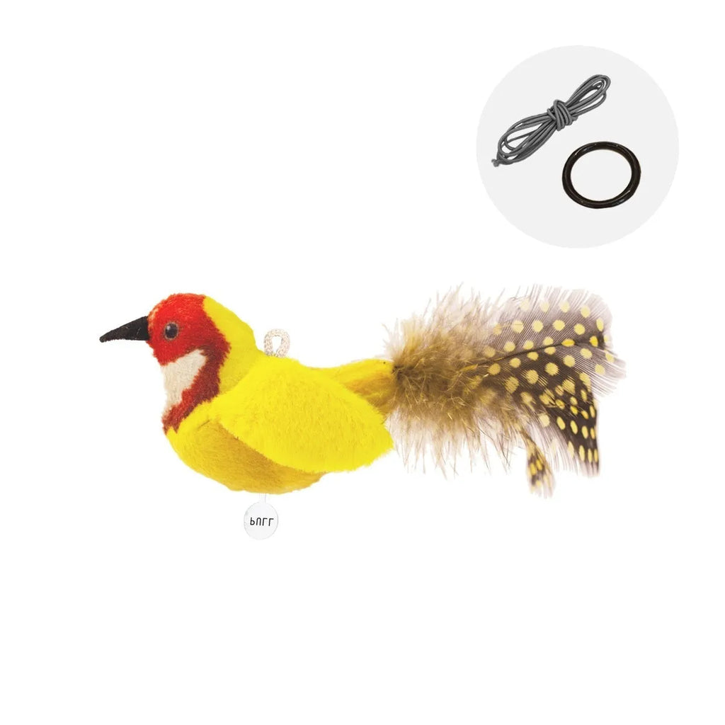 Bird simulation plush cat toy in colourful bird, sparrow, blue kingfisher and yellow bird colours from 2024 summer collection