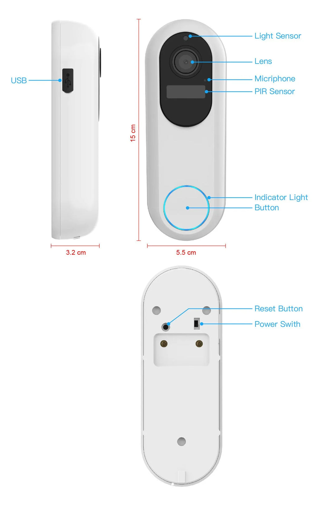 Smart visual doorbell intercom with 1080P HD camera, 5000mAh detachable battery, in black finish