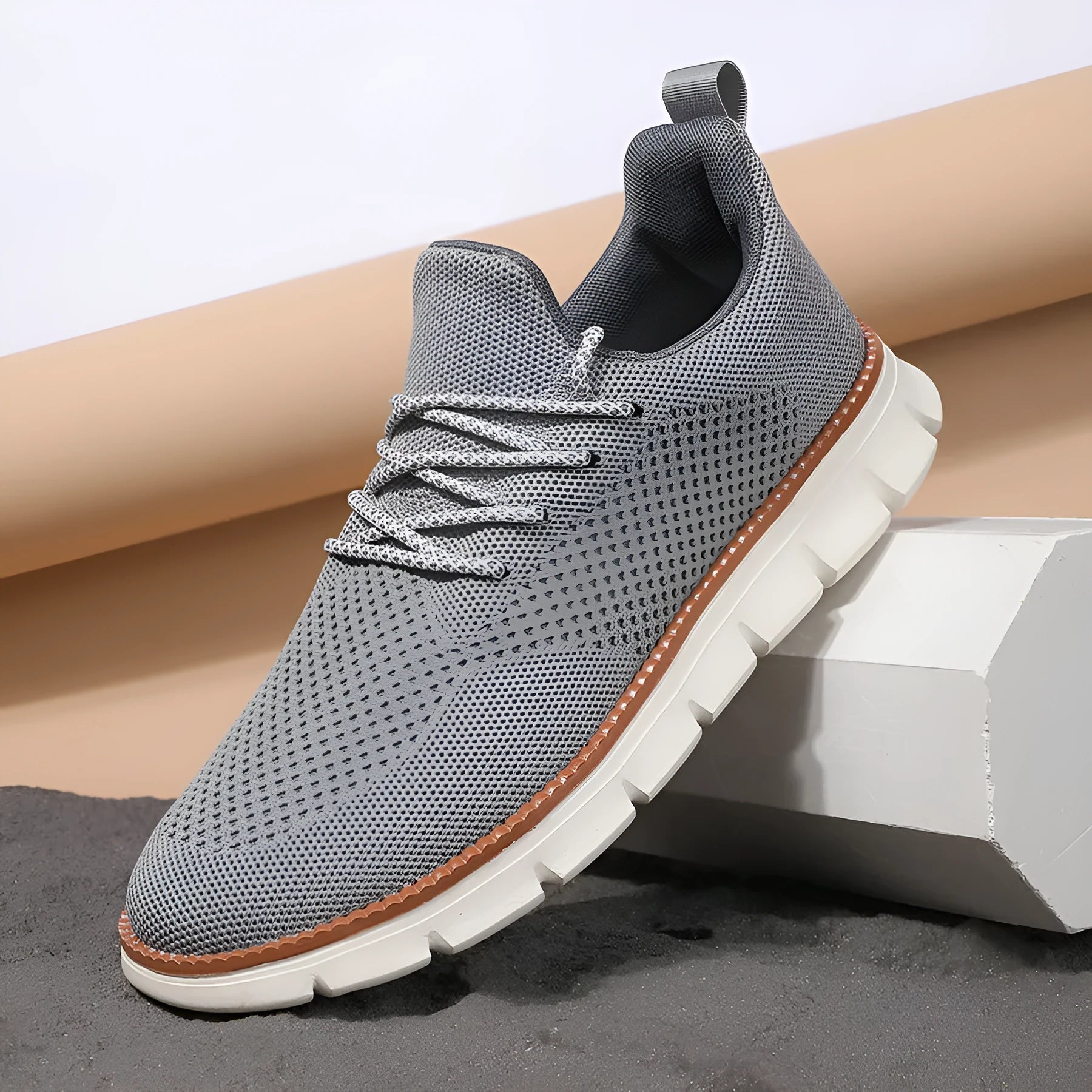 Men's grey and black mesh fabric casual sneaker with round toe design