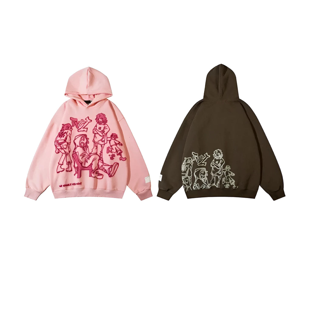 Loose-fitting couples oversize hoodie in brown and pink, round neck, long sleeves, sizes S to XXL, 90% polyester.