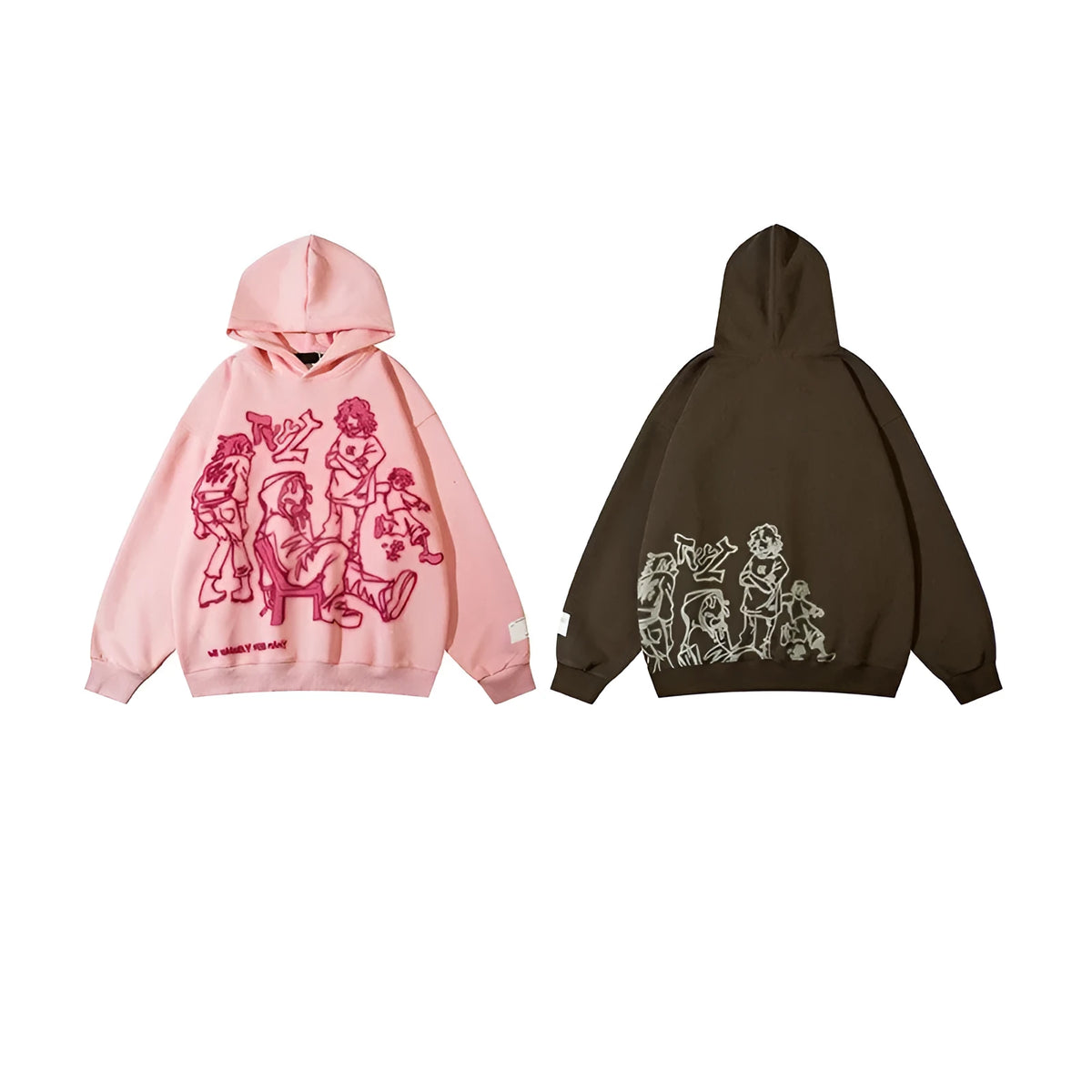 Loose-fitting couples oversize hoodie in brown and pink, round neck, long sleeves, sizes S to XXL, 90% polyester.