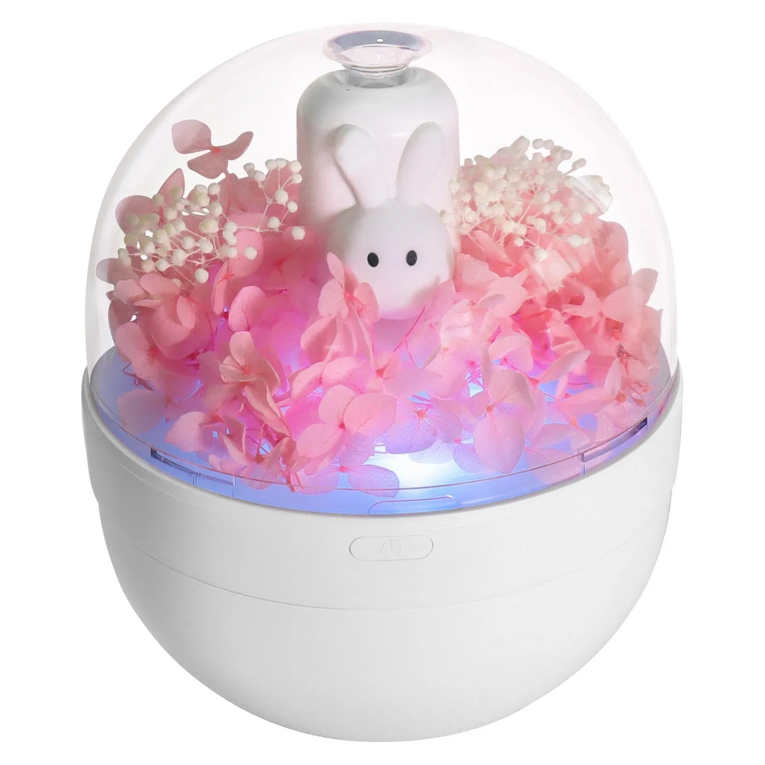 Pink creative rabbit-shaped aromatherapy humidifier with preserved flowers on top.