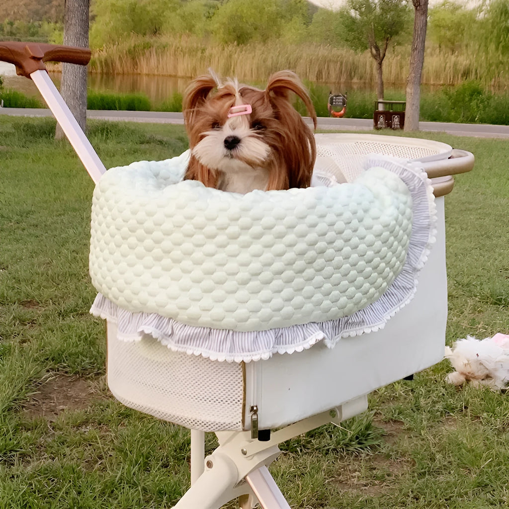 Green gray striped cotton pet stroller set showing towel, cushion, and pillow on a pet stroller seat