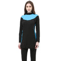 Conservative long sleeve hooded swimsuit top and pants set for women on a mannequin.