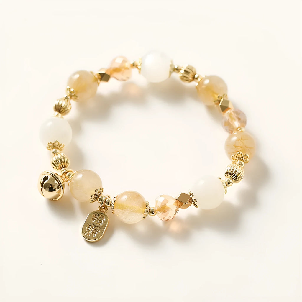 Gold rutilated quartz bracelet with electroplated finish and lucky fortune colour crystals in Korean style design