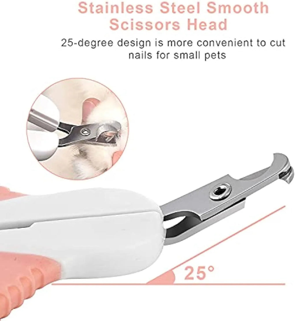 Grey and pink angled stainless steel cat nail clippers with safety lock for small pets.