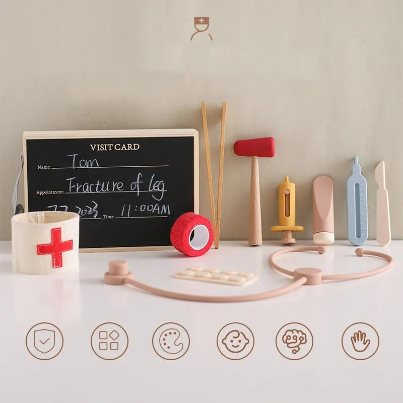 Wooden children's doctor toy set with stethoscope and medical suit for pretend play.
