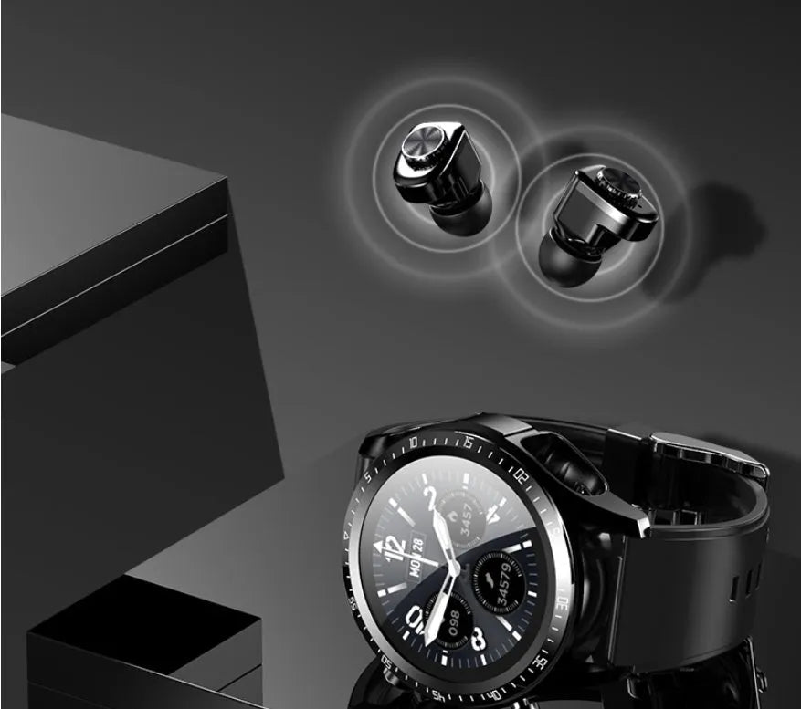 Black smart watch with blood pressure monitoring on a silicone wrist strap showing its 1.28 inch screen
