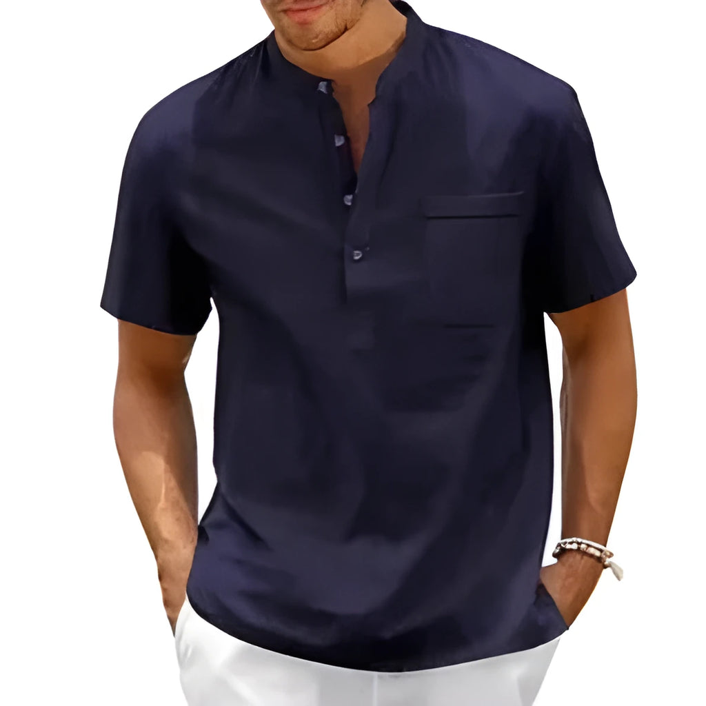 Men's solid colour polo shirt with stand collar and short sleeves in thin summer fabric