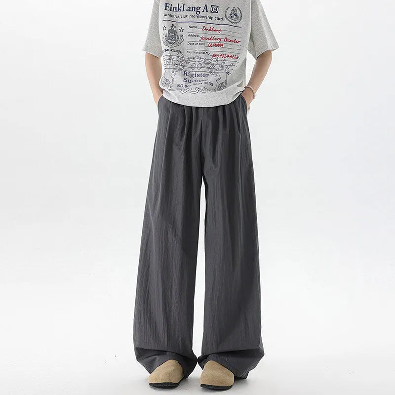 Men's high-waist wide-leg casual trousers in thin polyester blend, long mopping style, available in nine colours