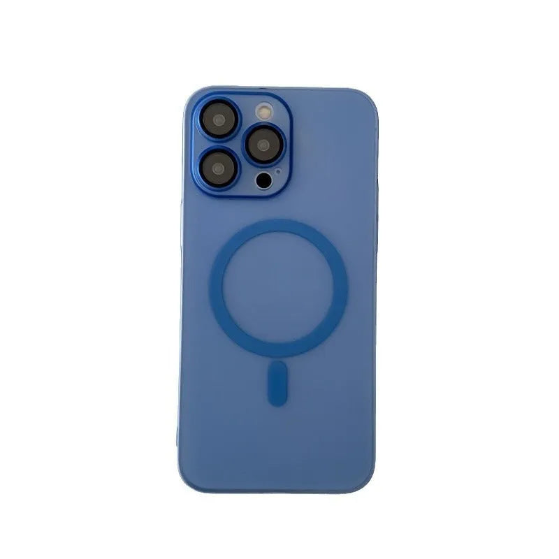 Ultra-thin magnetic frosted phone case for iPhone in ice mist white, showing all-inclusive bumper design