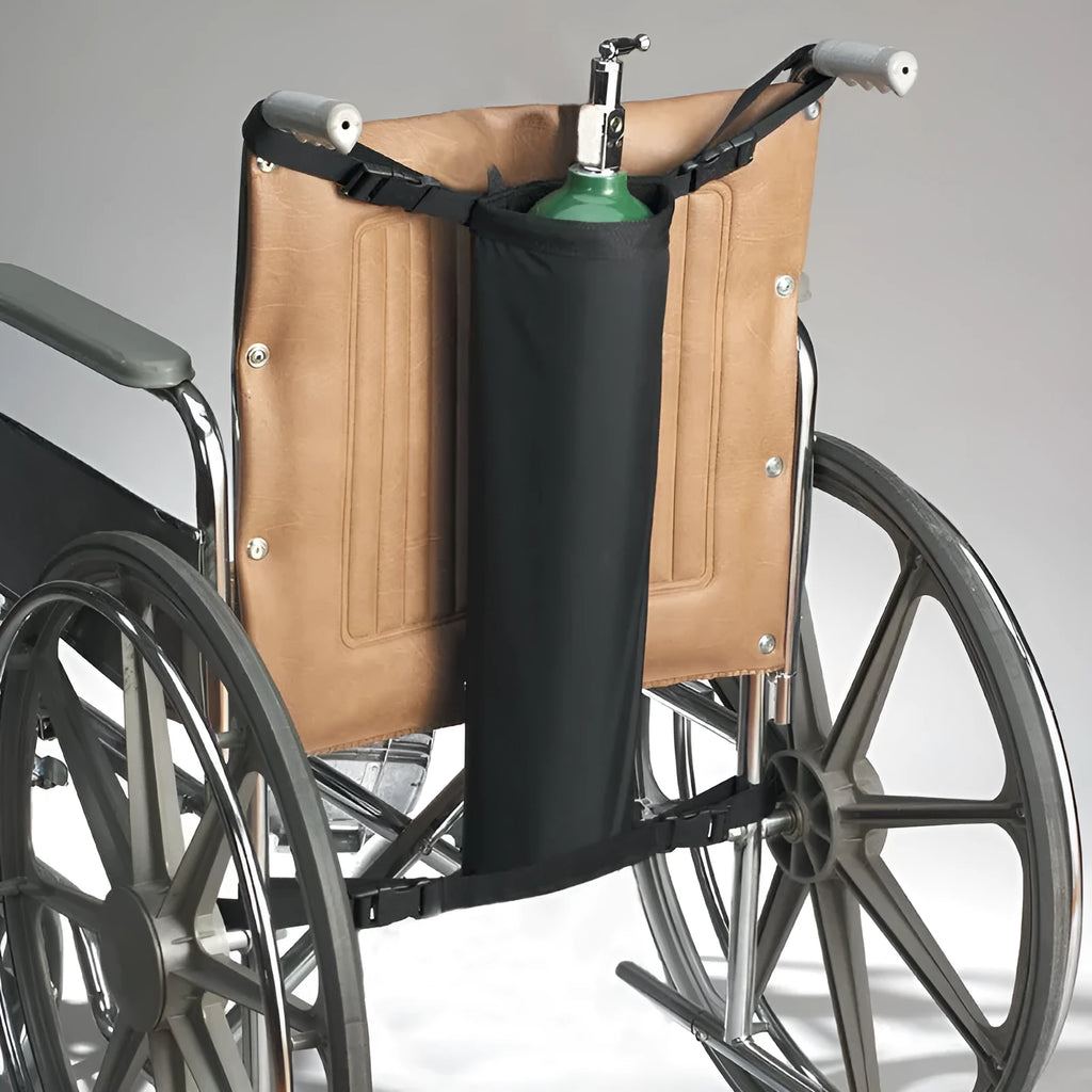 Black cylindrical outdoor wheelchair pannier bag for carrying an oxygen cylinder, made from 600D Oxford cloth.