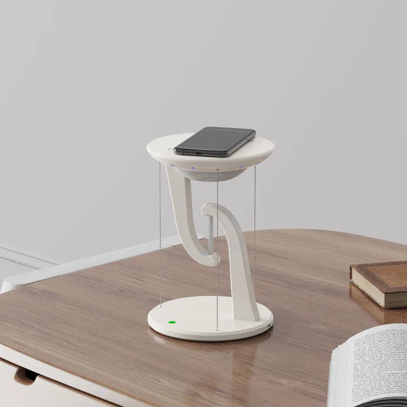 Creative Smart Wireless Phone Charger Suspension Lamp in white with phone placed on charging base, USB power cable visible, 160x230mm size
